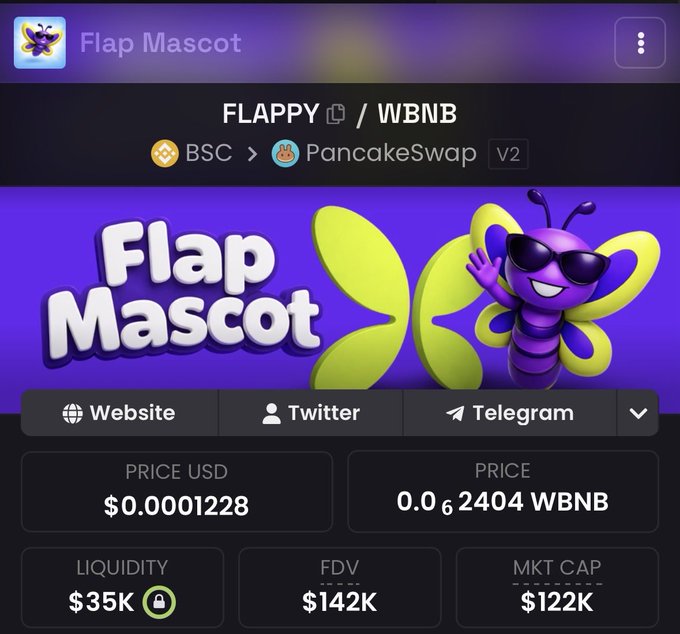 Screenshot of the Flap Mascot ($FLAPPY/WBNB) token page on PancakeSwap V2 via DEX Screener, showing a price of $0.0001228 (0.062404 WBNB), $35K liquidity, $142K FDV, and $122K market cap. The image visually supports the post by highlighting the token's low price and its "Holders get BNB as rewards" incentive, suggesting it looks like a cheap entry point.