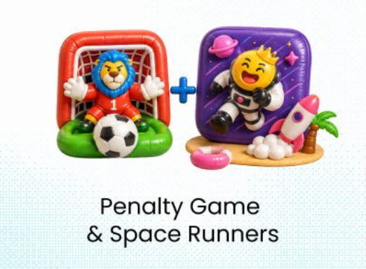 Promotional image for inflatable pool floats titled 'Penalty Game & Space Runners', featuring a lion soccer goalie and an astronaut character.