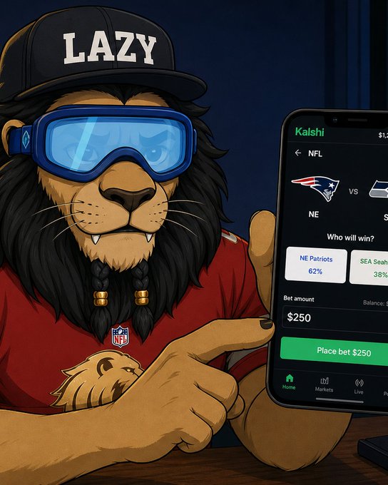 A cartoon illustration of a lion character wearing a 'LAZY' cap and blue goggles, pointing at a Kalshi phone app showing an NFL bet for NE Patriots (62%) vs SEA Seahawks (38%) at $250.