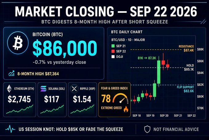 A market closing dashboard for September 22, 2026 showing Bitcoin at $86,000 (-0.7%), Ethereum at $2,745, Solana at $117, Ripple at $1.54, with a Fear & Greed Index of 78 indicating extreme greed and BTC digesting 8-month high after short squeeze.