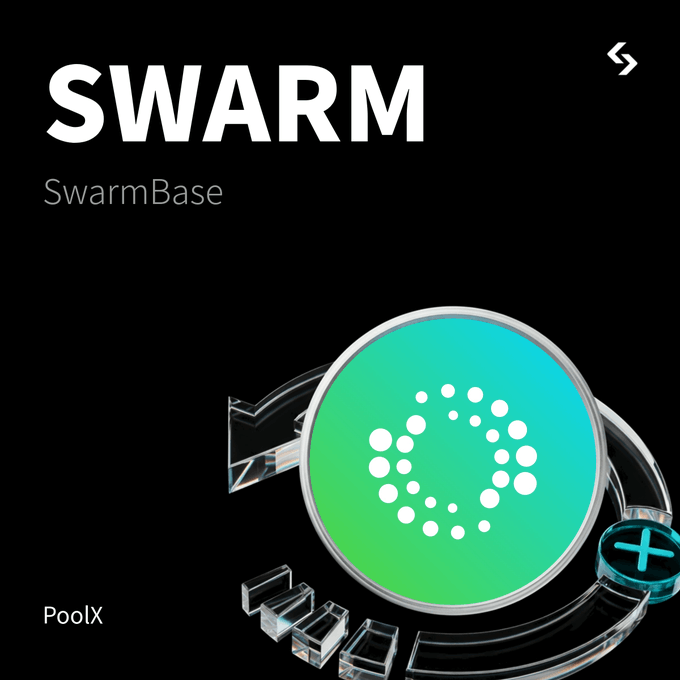 SWARM logo on black background featuring a green circular emblem with dotted pattern, labeled 'SwarmBase' and 'PoolX'.