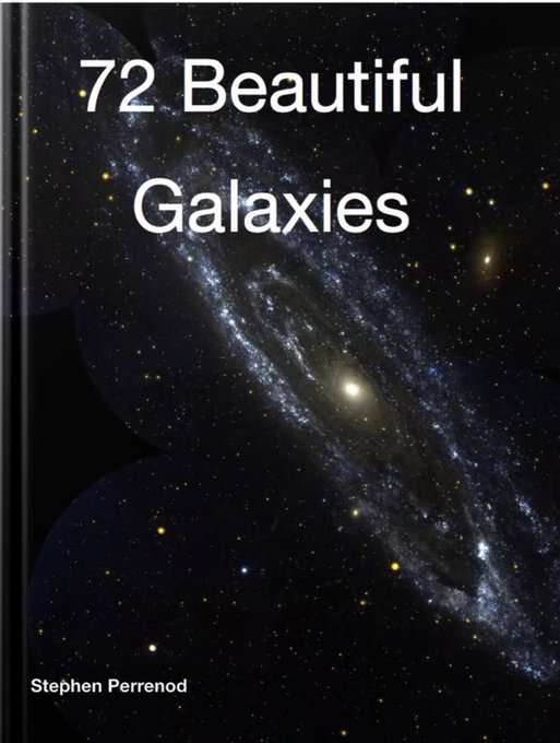 A book cover titled "72 Beautiful Galaxies" by Stephen Perrenod, featuring a stunning spiral galaxy against a star-filled background. The image playfully connects to the post's theme of the number 72 (2³ × 3²), with cosmic beauty serving as a visual metaphor for the mathematical and viral power-law relationships in networks like Bitcoin.