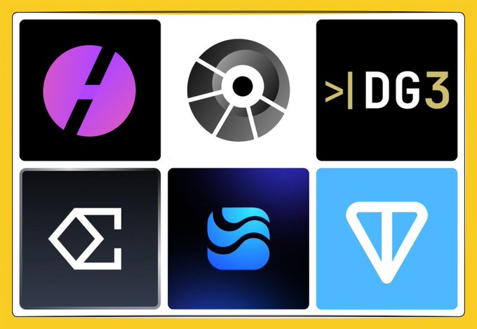 The image features a collection of six different logos for various companies or brands, including Bitcoin Liquidity Hub (DG3), Humafinance (Huma), and Bitcoin Core (Bitcoin). The logos are arranged in two rows with three logos each, creating a visually appealing grid-like pattern on the page.