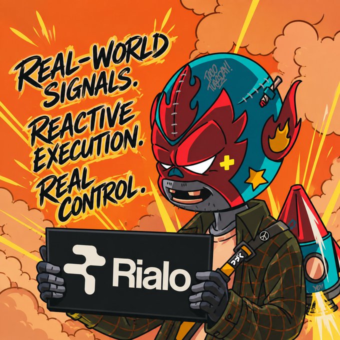 An illustrated luchador character with a red and teal mask holds a black sign with the 'Rialo' logo, accompanied by the text 'REAL-WORLD SIGNALS. REACTIVE EXECUTION. REAL CONTROL.' against an explosive orange background.