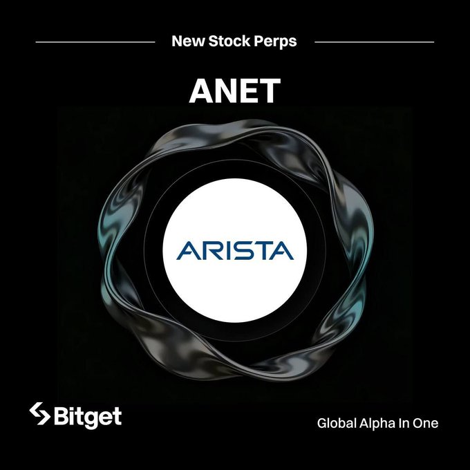The image is a sleek, dark-toned promotional graphic for Bitget announcing the addition of ANET (Arista Networks) stock perpetual contracts. Centered around a glossy, orbiting black ring design framing the blue "ARISTA" logo, it prominently displays "New Stock Perps" and the ticker "ANET" alongside the Bitget logo and the tagline "Global Alpha In One."