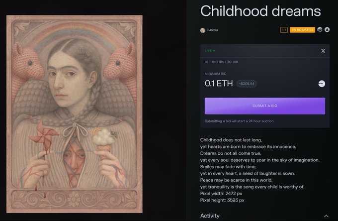The image shows a painting of a woman with a windmill, which is displayed alongside an information page about childhood dreams. The painting is located at the top left corner of the screen, while the text box below it reads "Childhood Dreams". The painting itself is quite large and spans across most of the screen's width.