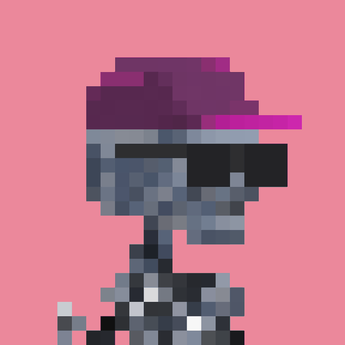 A low-resolution pixel art portrait shows a figure wearing a dark cap and sunglasses against a solid pink background.