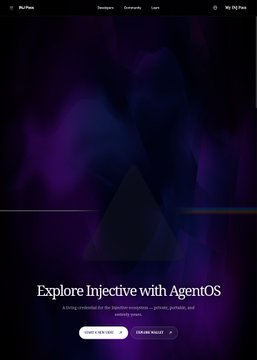 A dark-themed webpage with a purple background advertising "Explore Injective with AgentOS" featuring a triangular logo and buttons to launch the app.