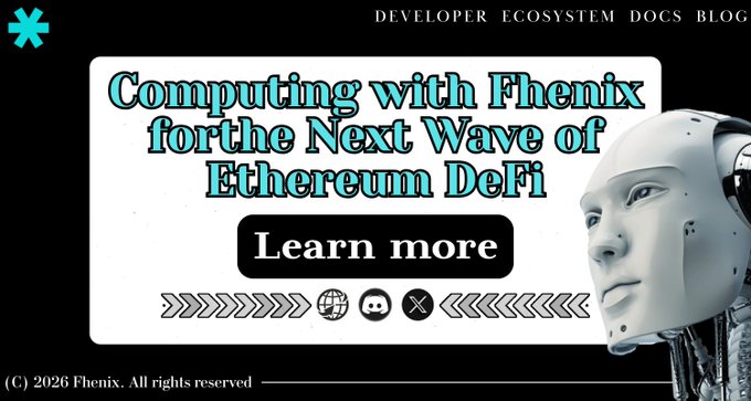 The image is a promotional graphic for Fhenix featuring the headline "Computing with Fhenix for the Next Wave of Ethereum DeFi" alongside a "Learn more" button and a robotic face, tied to a post announcing the launch of CoFHE, a decentralized cryptographic coprocessor designed to overcome the historic speed limitations of FHE mathematics.