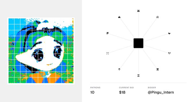 A screenshot of an NFT auction featuring a pixelated, glitch-art style image of Saturn with 'PATRONS 10', 'CURRENT BID $18', and 'BIDDER @Pingu_Intern'.