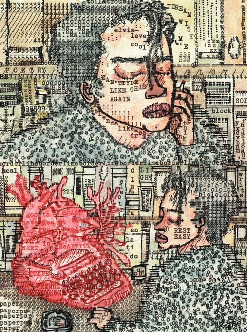 A textured mixed-media collage artwork featuring stylized portraits, text fragments like 'LIKE THIS AGAIN', 'REST EASY', and 'I NEED TO HEART IT', and a detailed anatomical heart illustration.