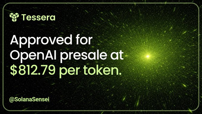 The image shows a green background with text that reads, "Approved for OpenAI presale at $82.79 per token." The title of the image states, "Tessera is cooking again! T-OpenAI is launching and I'm going for a Tier 1 presale spot (Tier 1 is the curated, lowest-priced tier - approval required). I've participated in previous sales: T-SpaceX launched at an insta 2x and T-Kalshi sold out in only 10 minutes."