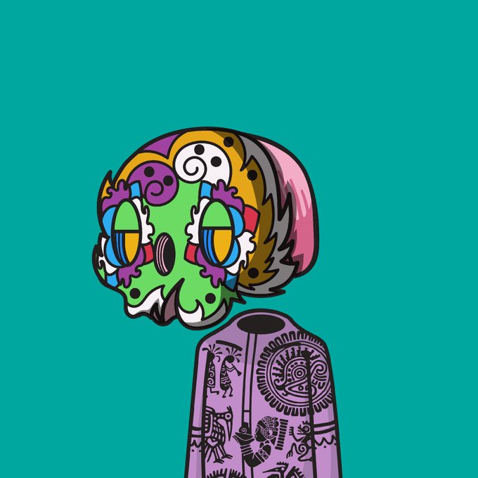 A colorful cartoon illustration of a stylized zombie-like character with a multicolored face, wearing a purple hooded robe decorated with tribal totem designs against a teal background.