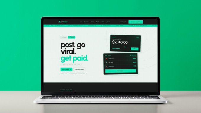 A laptop on a bright green background displays the Likely.finance website featuring the headline "post. go viral. get paid." alongside a dashboard showing a total earnings balance of $2,140.00 and a "Start Earning" button, visually illustrating the platform's promise of monetizing attention as an onchain financial asset.