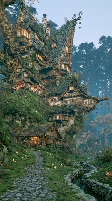 A fantastical, multi-tiered wooden house covered in moss and climbing greenery is built into a hillside in a misty forest, glowing with warm lights from its windows.