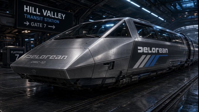 A futuristic silver DeLorean DMC-12 bullet train sits at the "HILL VALLEY TRANSIT STATION - Gate 7," blending the iconic Back to the Future vehicle design with modern rail transit.