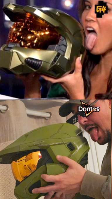 Two people playfully lick Master Chief's Halo helmet, mimicking a viral trend, with 'G4' and 'Doritos' logos visible.