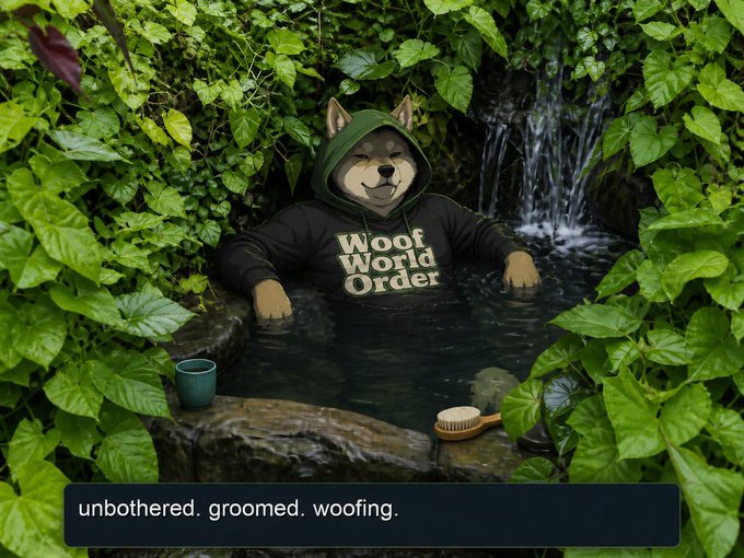 A humorous illustration of a Shiba Inu dog relaxing in a forest hot spring, wearing a black hoodie reading 'Woof World Order', with the caption 'unbothered. groomed. woofing.'