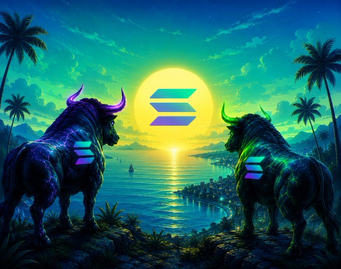 A vibrant digital artwork showing two neon-glowing bull-like creatures with Solana logos on their flanks, standing on a cliff overlooking a tropical ocean at sunset with the Solana logo in the sun.
