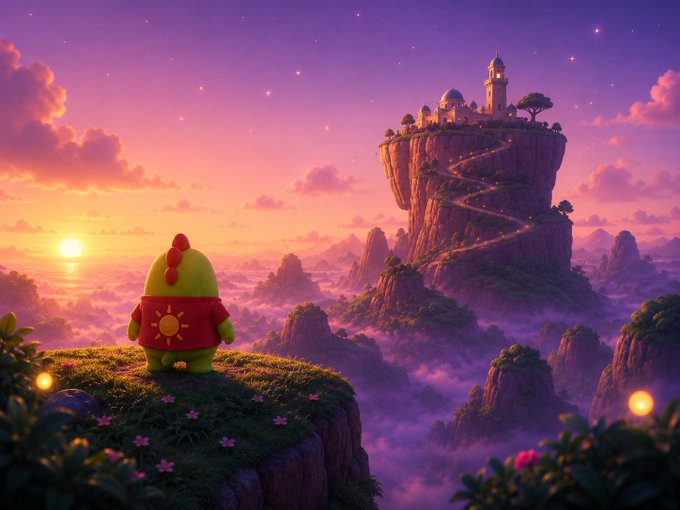 A whimsical digital illustration depicts a small green character in a red sun-patterned shirt gazing at a fantastical floating island castle with a winding path, set against a purple and pink sunset sky.