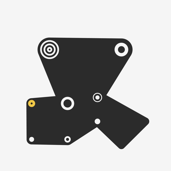 A black abstract logo or icon with multiple circular elements and pointed, irregular geometric shapes on a white background.