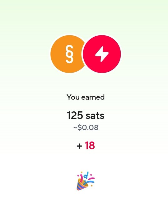 A rewards screen showing two overlapping circular icons (orange with an 'S' and a pink lightning bolt) above the text "You earned 125 sats ~$0.08" and a "+ 18" reward, with a party popper emoji below.