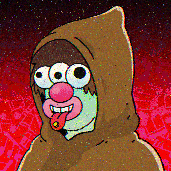 A distorted, cartoonish figure with a brown hood, wide-set googly eyes, a pink nose, and a tongue sticking out against a red background with scattered sketches.