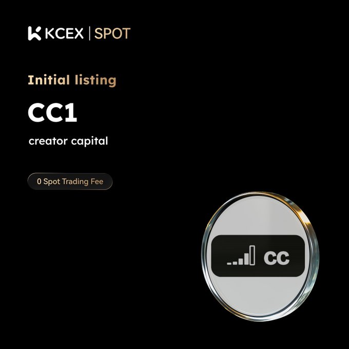 A promotional graphic for the cryptocurrency exchange KCEX Spot announces an 'Initial listing' of 'CC1 creator capital' with a '0 Spot Trading Fee' badge and a silver coin graphic displaying the CC logo.
