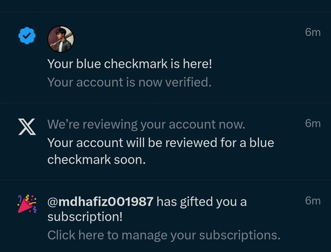 A notification feed displaying messages including 'Your blue checkmark is here! Your account is now verified,' an account review notice from X, and a subscription gift from @mdhafiz001987.