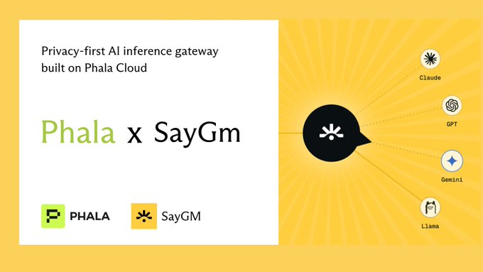 This image visually represents the partnership between Phala and SayGm, showcasing SayGm's privacy-first AI inference gateway built on Phala Cloud, connecting to various AI models like Claude, GPT, Gemini, and Llama.