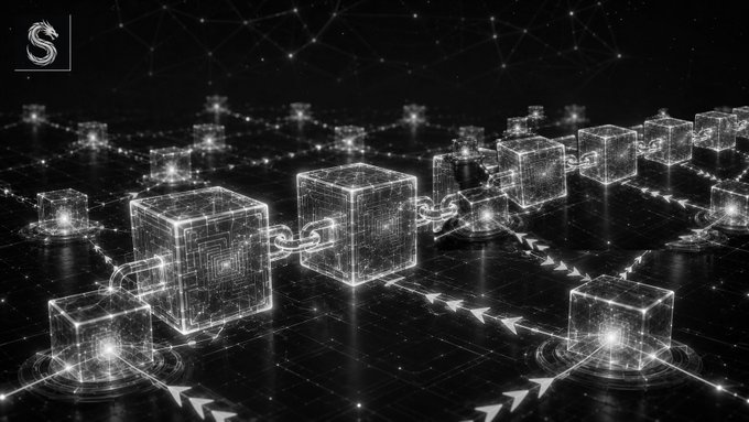 A digital illustration of a blockchain network showing glowing translucent cubes connected by chains against a dark, starry background with an "S" logo in the top-left corner.
