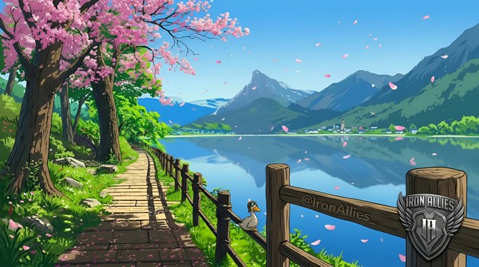 A serene illustrated landscape featuring a wooden path along a tranquil lake with cherry blossoms drifting in the breeze, accompanied by "@IronAllies" and "IRON ALLIES III" branding on a wooden fence, evoking the calm, community-driven journey that the post describes for the $IRON whitelist opportunity.