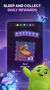 Mobile app advertisement titled "SLEEP AND COLLECT DAILY REWARDS" featuring a cartoon green character sleeping in a bed with a "Bed x3 Sleep soon" icon.
