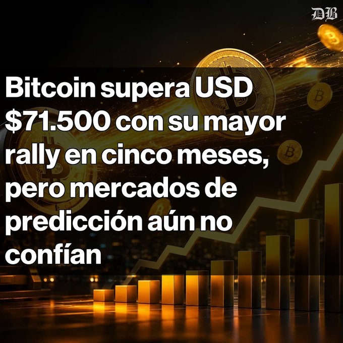 A Spanish-language news graphic with a 'DB' logo, showing Bitcoin coins and an upward bar chart, with text reading 'Bitcoin supera USD $71.500 con su mayor rally en cinco meses, pero mercados de predicción aún no confían'.