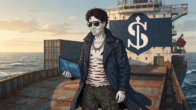 A stylized illustration of a zombie-like figure wearing sunglasses and a tattered coat, holding a glowing blue tablet, standing on a ship deck with a large '$' anchor logo on the hull.