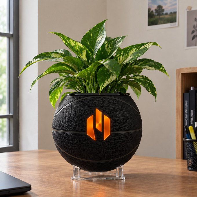 A vibrant green plant sits in a basketball-shaped black planter featuring an orange logo, displayed on a wooden desk in a home office setting. While the post promotes fitness, blockchain, and Web3 themes, the image itself contains no related text or references to these topics, appearing instead as a decorative lifestyle photo unrelated to the advertised #LETSBURN campaign.