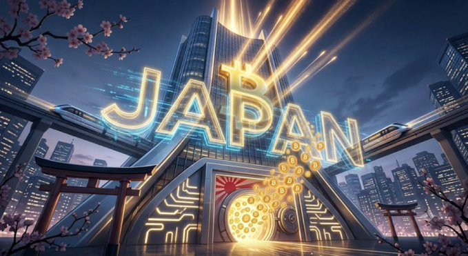 A futuristic neon-lit cityscape features the glowing word "JAPAN" prominently displayed, with a Bitcoin symbol above and cascading gold Bitcoin coins falling from the sky, framed by cherry blossoms and torii gates. The image visually reinforces the post's headline about a Japanese public company ("Bitcoin Japan Corporation") aggressively deploying capital into Bitcoin, symbolizing the corporate adoption of BTC spreading eastward to Japan.