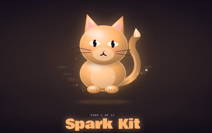 An illustration of a glowing orange cat character with dollar signs in its eyes, labeled 'FORM 1 OF 11 Spark Kit' at the bottom.