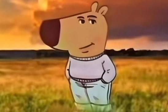 An animated cartoon character of a capybara wearing a white sweater and blue jeans stands in a grassy field during sunset.