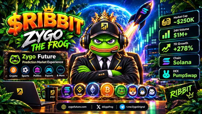 A promotional banner for the cryptocurrency '$RIBBIT' features an anthropomorphic frog in a suit and cap, listing stats like Market Cap ~$250K and 24H Volume $1M+, with categories for Crypto, Sports, Politics, and Esports.