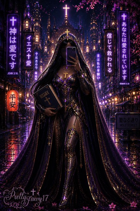 The image shows a figure in an ornate purple and gold religious-themed gown and veil holding a Bible, standing on a wet street with neon signs displaying Japanese text, cross symbols, and Bible verses like "JOHN 3:16" and "ROMANS 8:38," with "HOLY STREET" visible on a street sign. 

The caption accompanying the post uses the elaborate, religiously-charged imagery as a visual metaphor for how dramatic surface-level appearances in markets can be misleading—just as this striking display reveals a hidden truth underneath, Bitcoin ETF headlines about institutional demand may conceal a deeper, less obvious reality that investors should look beyond.