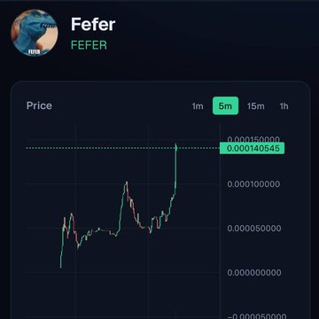 The image shows a 5-minute price chart for the token "Fefer" (ticker: FEFER), displaying its price trending upward and reaching approximately 0.000140545, which visually supports the post's description of the FEFER token's price movement on Dyor Swap as it benefited from a Vampire Attack on the Stable network's launch.