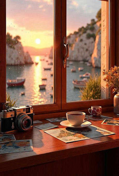 The image features a window with an ocean view, overlooking several boats sailing near the shoreline. On the windowsill, there are two cups of coffee, one white cup and one red cup, along with some papers or maps. The scene suggests that someone is enjoying their time by the window, possibly taking a break from work to appreciate the beautiful view and have a cup of coffee.

The image also contains text about prediction markets and data platforms, which could be related to the ocean view in some way. It seems like there might be an interesting connection between the two elements captured in the scene - the boats sailing near the shoreline and the concept of predicting market trends or analyzing data on a platform.
