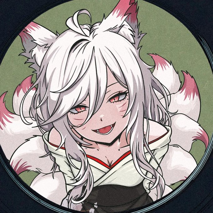A digital illustration depicts a smug, white-haired kitsune character with fox ears, fangs, and multiple fluffy pink-tipped tails, shown within a circular frame. The artwork represents the "Kitsune Angel" NFT piece by artist @momoyumemi, which was sold for $1685 between a seller named "Conviction" and an undisclosed buyer.