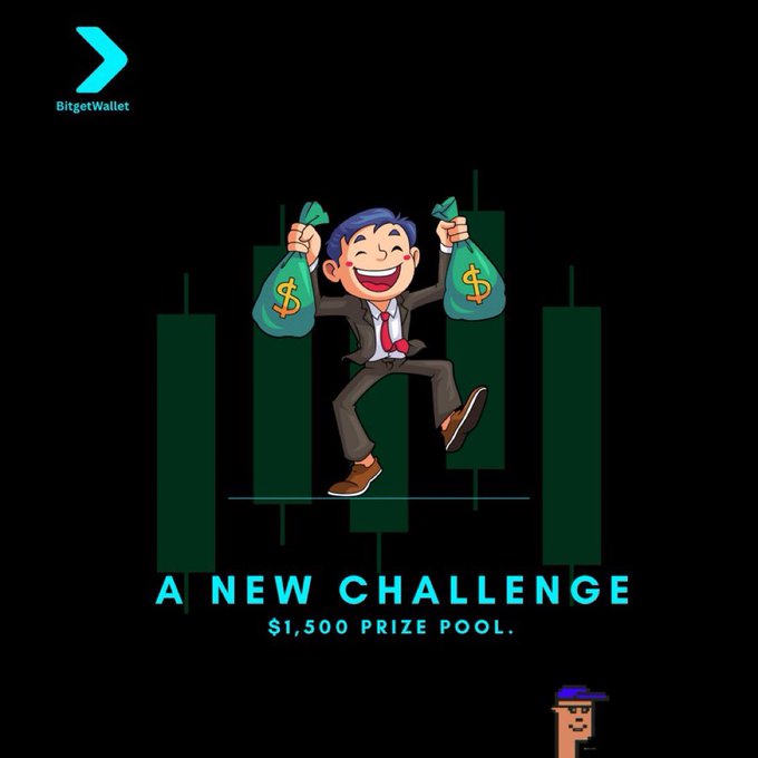 The image is a promotional graphic for Bitget Wallet featuring a cartoon businessman joyfully holding two money bags against a green candlestick chart background, with text reading "A NEW CHALLENGE" and "$1,500 PRIZE POOL" announcing the launch of their paper-trading competition.