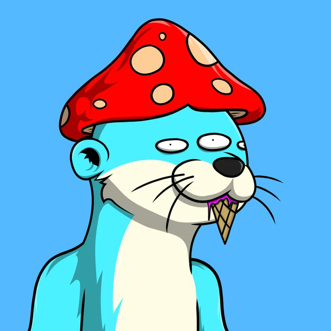 A cartoon illustration of a cyan, zombie-like creature wearing a red mushroom cap with white spots, holding an ice cream cone in its mouth against a blue background.