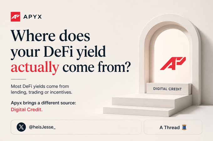 A promotional graphic for 'APYX' asking 'Where does your DeFi yield actually come from?' highlighting 'Digital Credit' as a different source beyond lending, trading, or incentives, credited to @heisJesse_ as 'A Thread'.