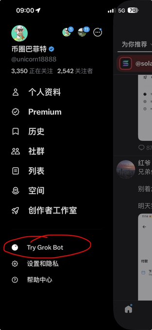 A screenshot of a mobile app menu in Chinese with the 'Try Grok Bot' option circled in red.