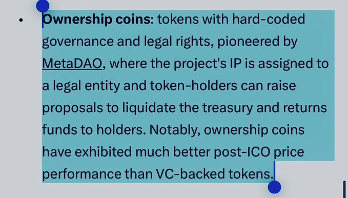 Definition highlight of 'Ownership coins' describing MetaDAO-pioneered tokens with hard-coded governance rights where token-holders can propose treasury liquidations.