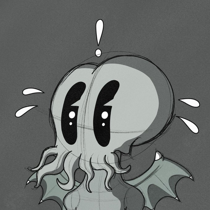 A cute cartoon octopus character with large expressive eyes appears surprised or startled against a gray background, fitting the whimsical style of an NFT collection celebrating a successful sale. The whimsical creature represents the quirky artwork featured in the INX collection available on Quirk Hub.